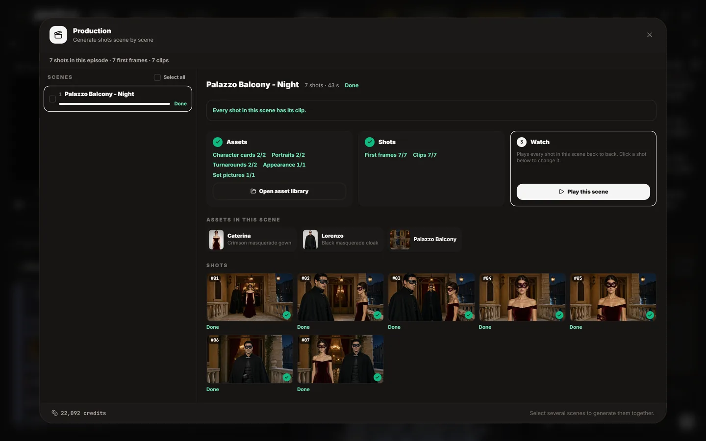 Every shot gets a first frame and a clip, drawn with the cast you approved and timed to the dialogue.