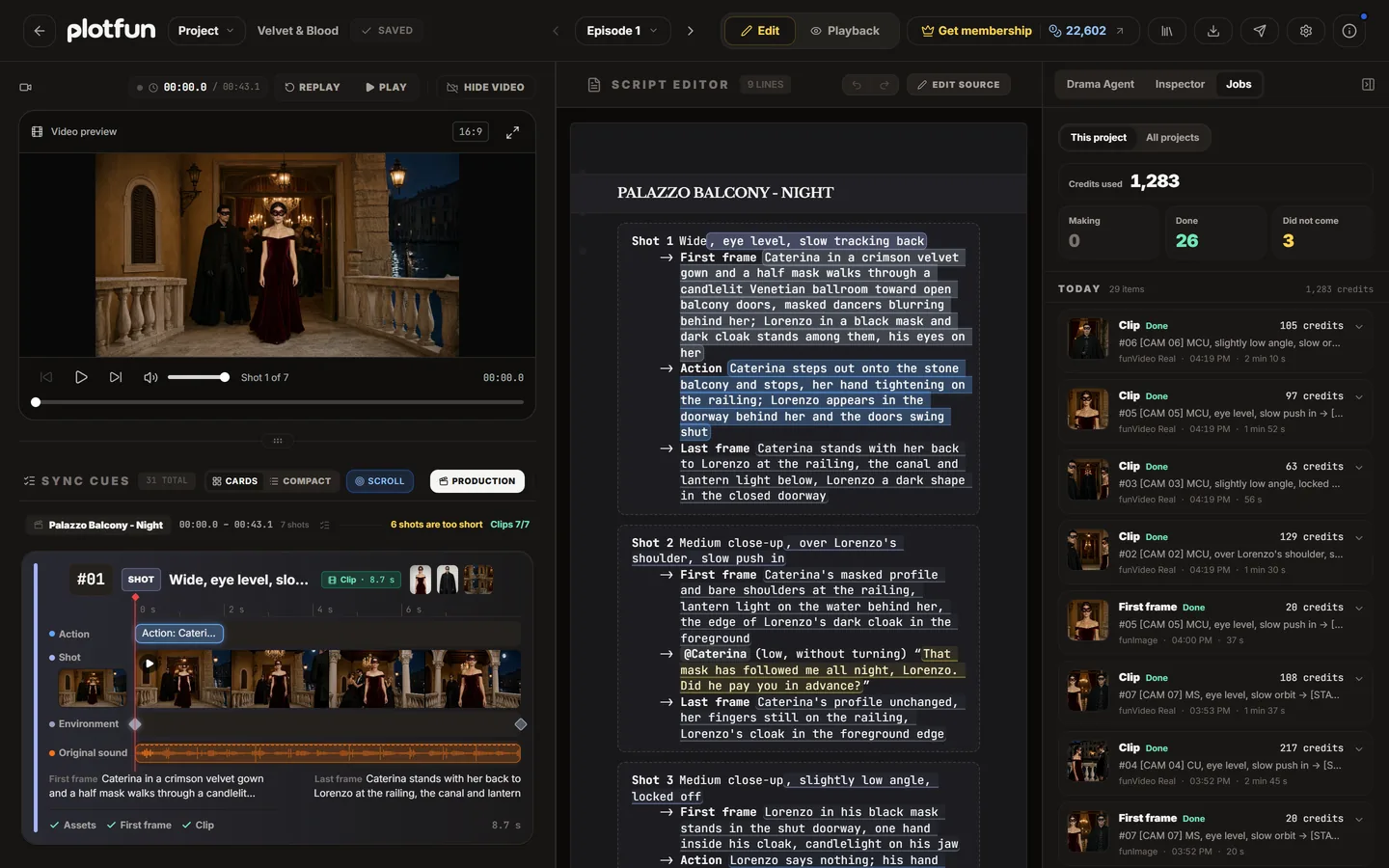 Every portrait, first frame and clip the Agent orders lands in the job list with its model, time and price.