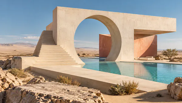 Sculptural architecture and curved stairs rising from a sunlit desert