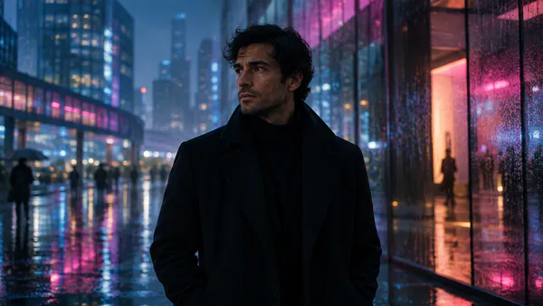 A cinematic portrait on a rain-soaked street lit by blue and pink neon
